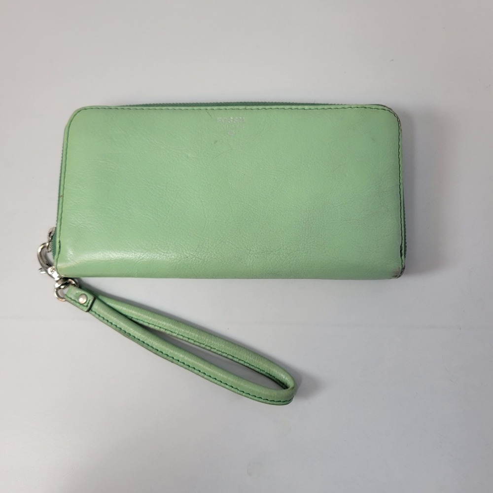 Fossil Zip Around Wristlet‎ Wallet Mint Green Leather Card Holder Organizer